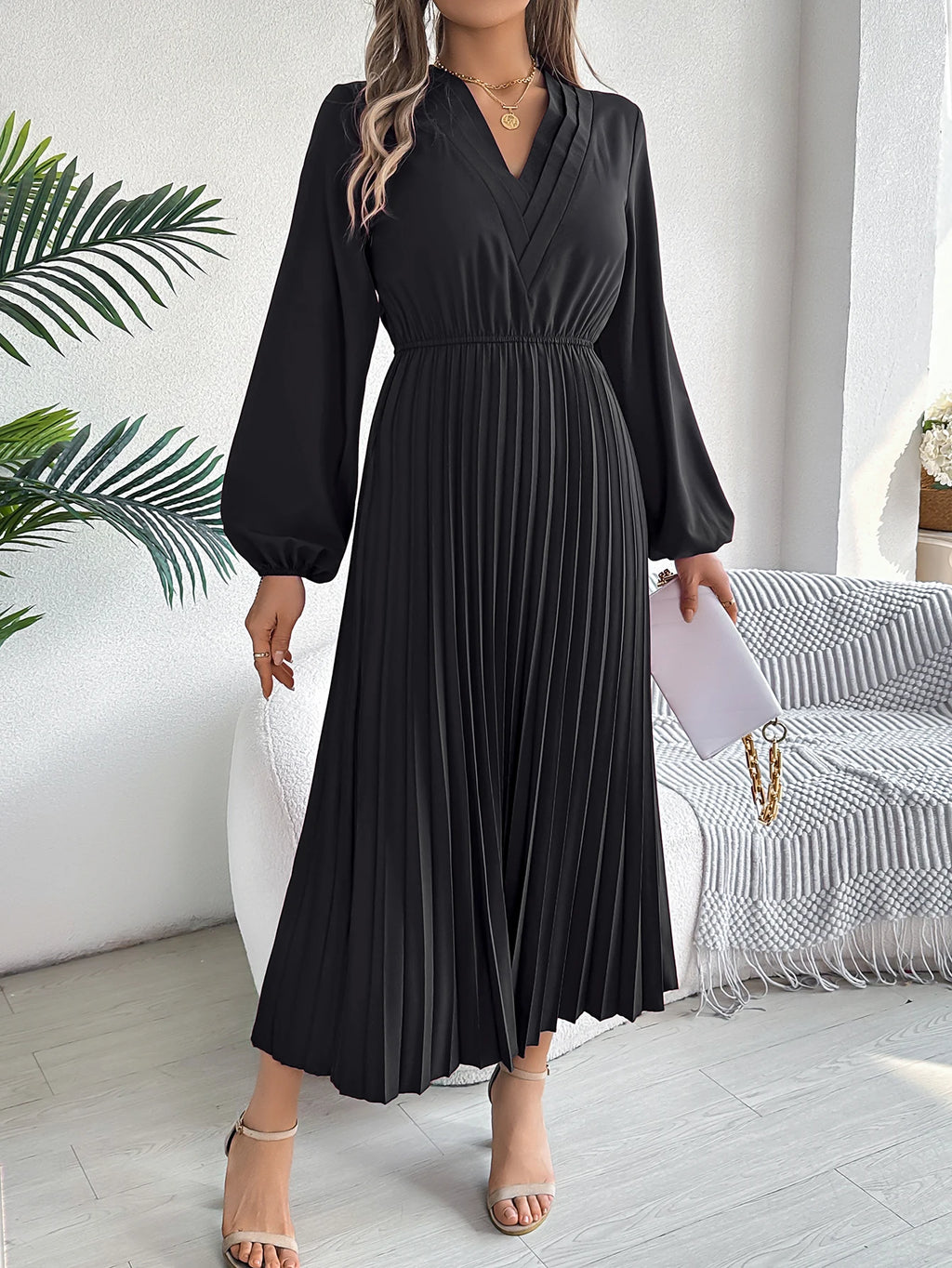 Elegant Dresses for Woman 2025 Autumn Winter Solid Color V Neck High Waist Pleated Maxi Dress Red Black Green