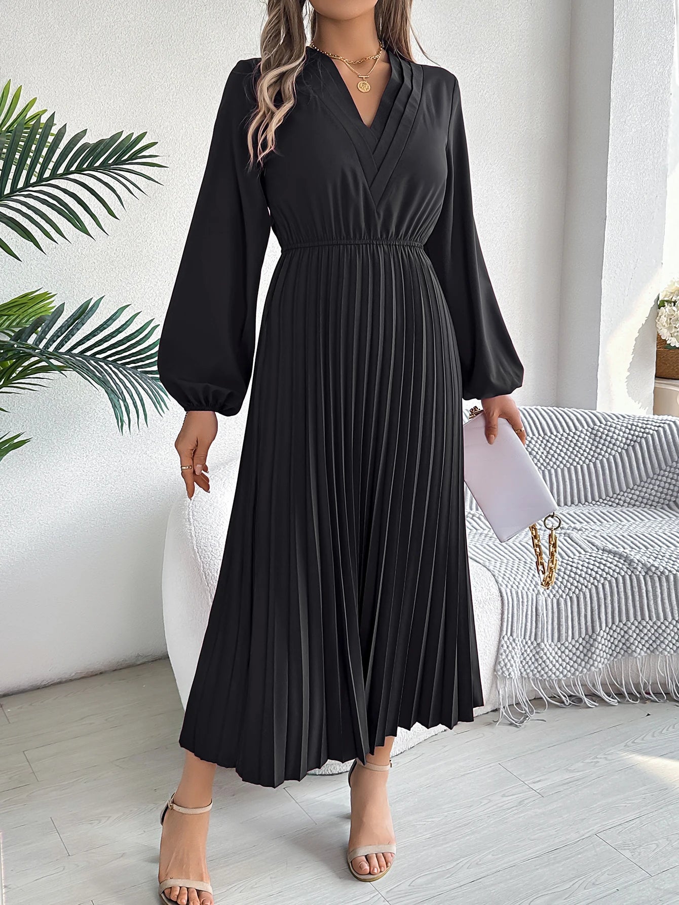 Elegant Dresses for Woman 2025 Autumn Winter Solid Color V Neck High Waist Pleated Maxi Dress Red Black Green