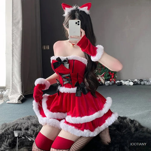 Christmas Dress Suit Female Christmas Role Play Costume Red Dress Party Bunny Ears New Year Girl Sexy Nightclub Stage Uniform