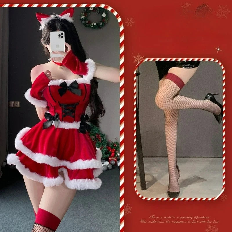 Christmas Dress Suit Female Christmas Role Play Costume Red Dress Party Bunny Ears New Year Girl Sexy Nightclub Stage Uniform