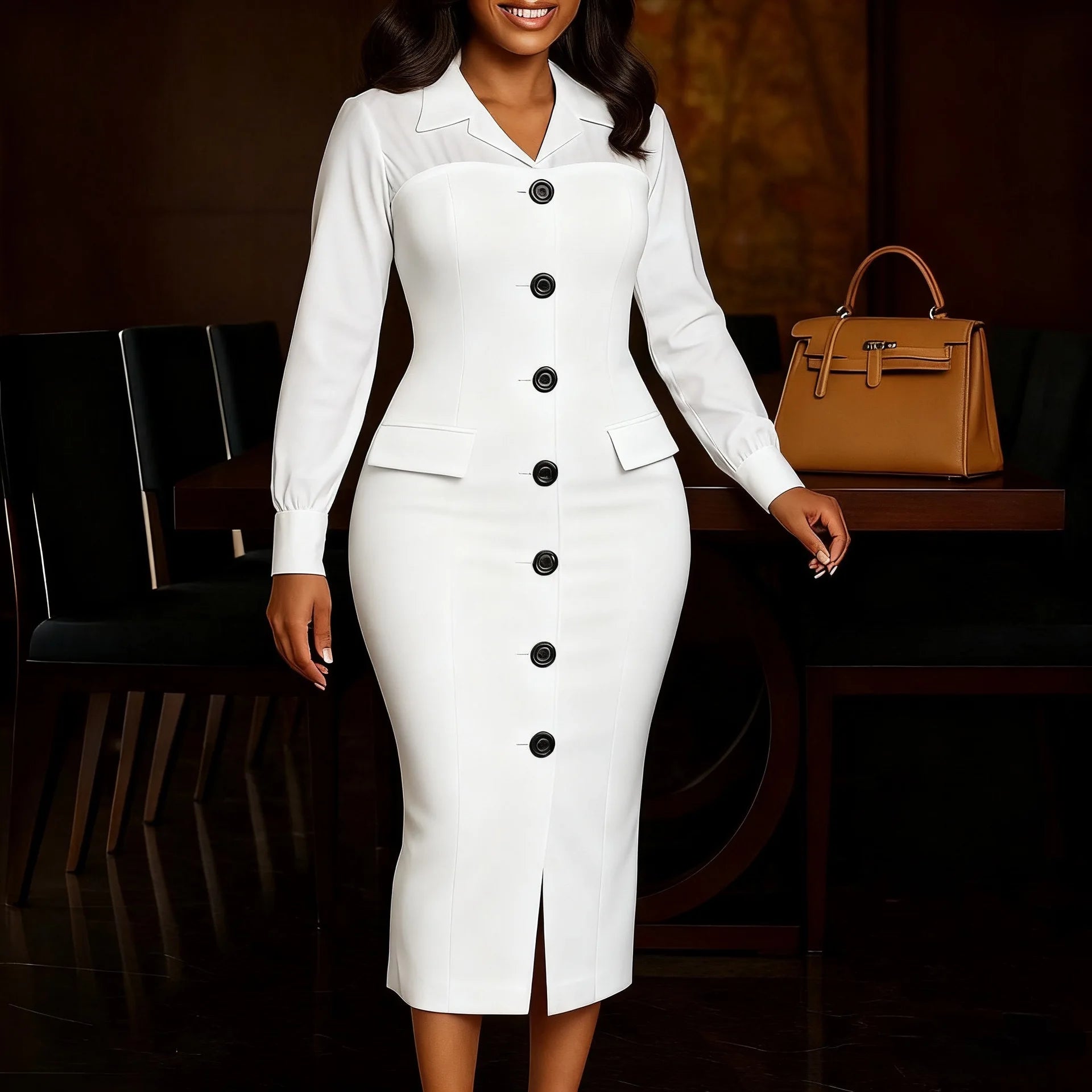 Elegant Bodycon Dresses for Women Turn Down Collar Full Sleeve Buttons Sheath Solid Mid Calf Professional Business Work Dress OL