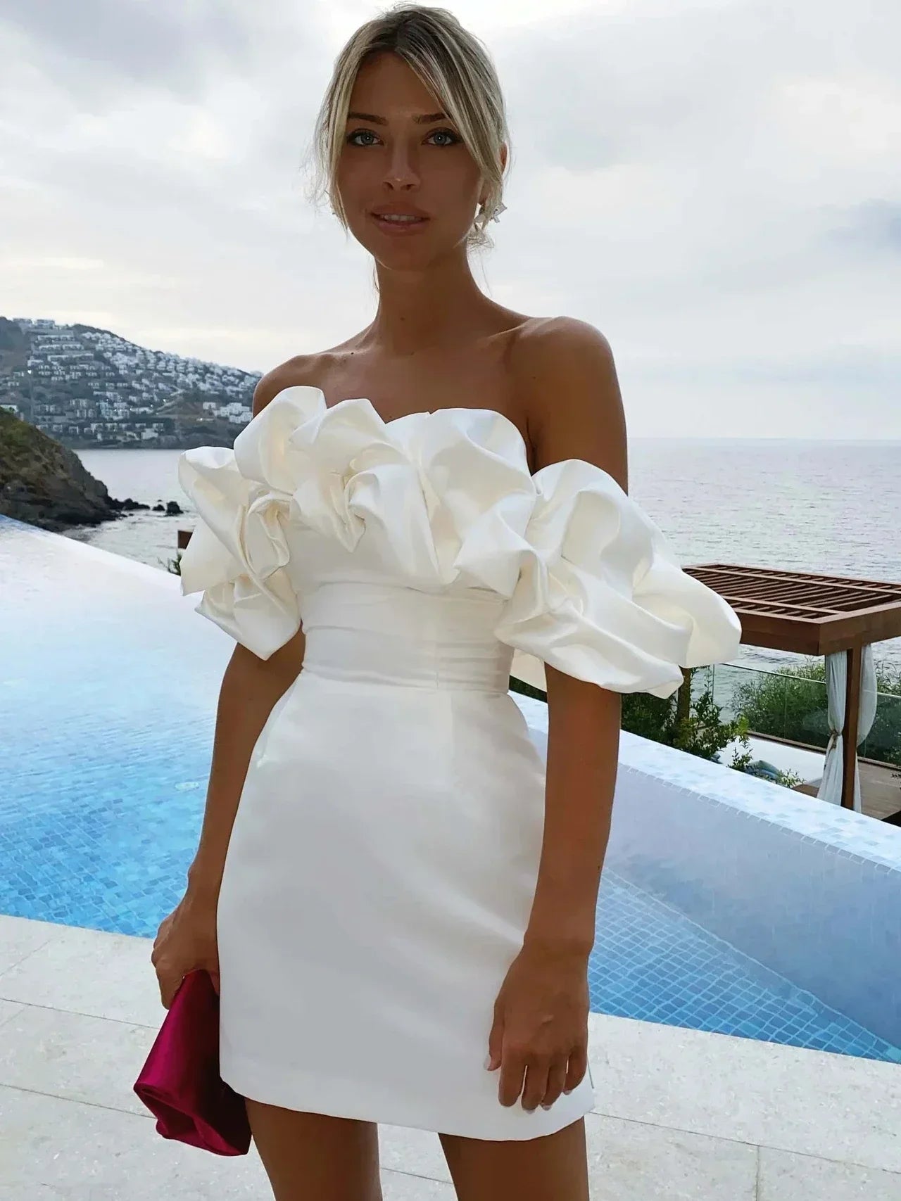 Red Evening Party  Dresses Elegant Fashion Women's Slash Neck High Waist Tunics Bodycon Package Hip Short Beach Dress 2025 Y2K