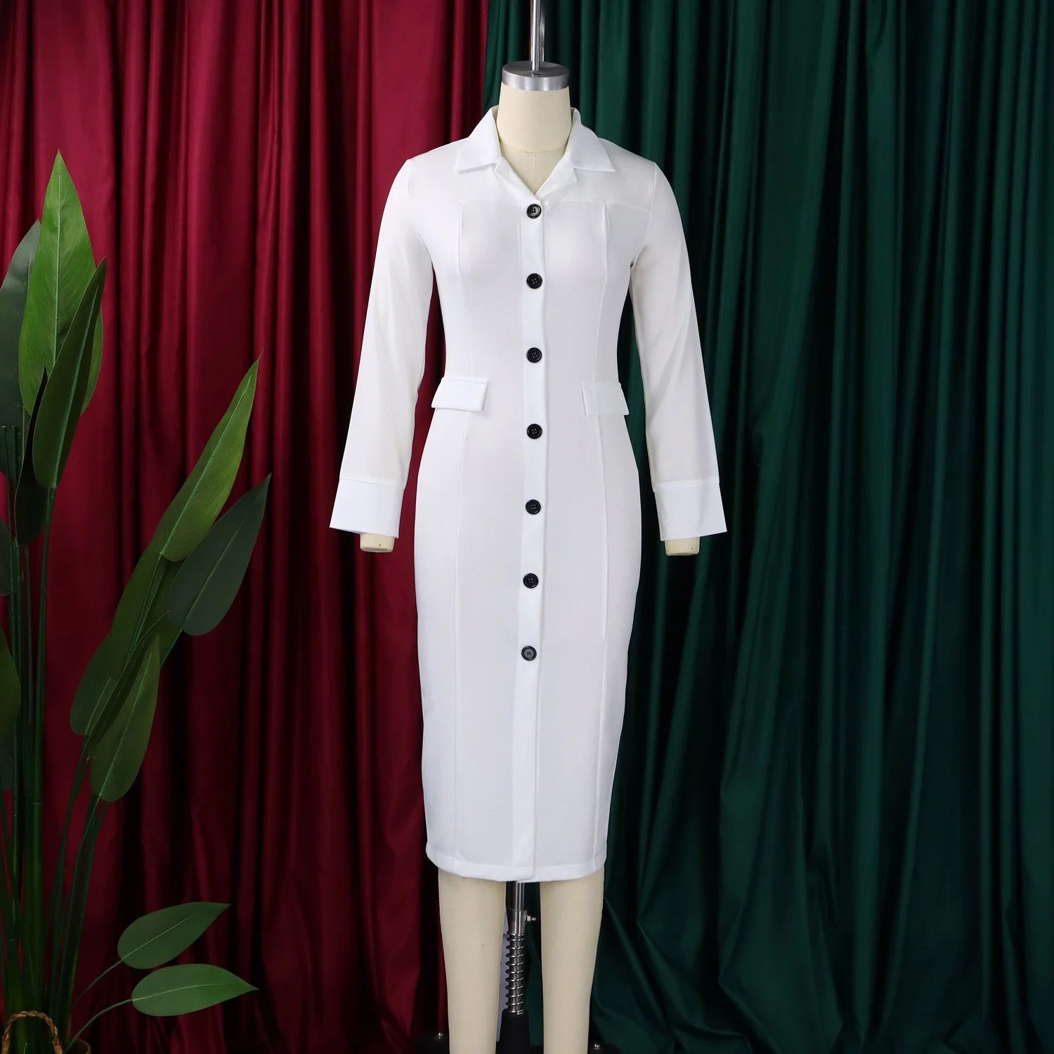 Elegant Bodycon Dresses for Women Turn Down Collar Full Sleeve Buttons Sheath Solid Mid Calf Professional Business Work Dress OL