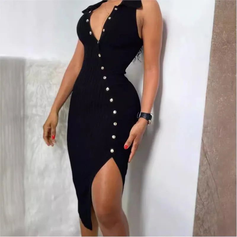 Sleeveless Dress Vestidos Dresses 2025 Woman Vestido Feminino Slim Simple Style All-match Slit Button Solid Color Sexy Commuting
