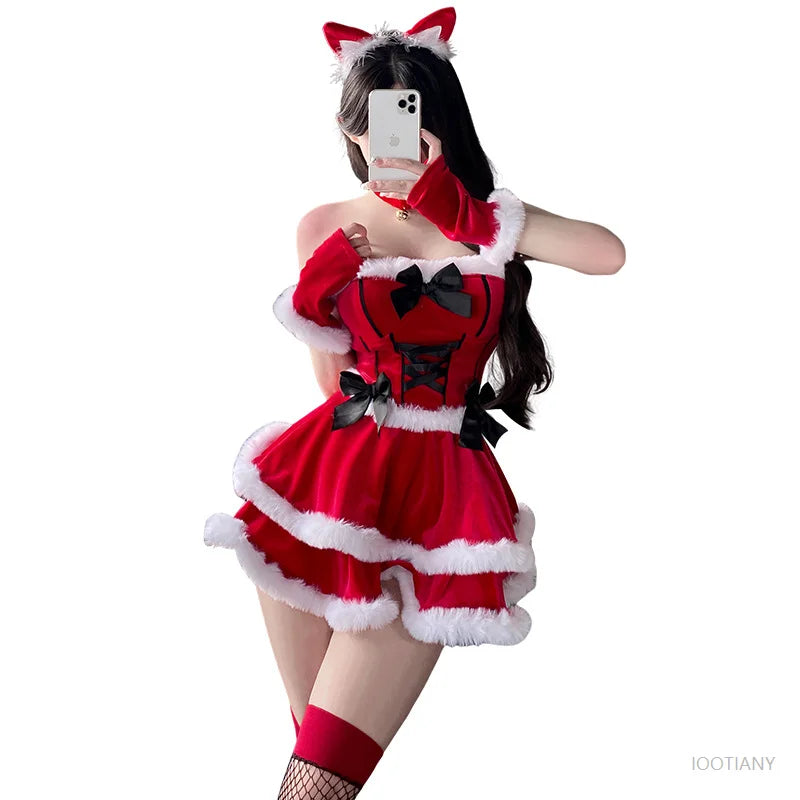 Christmas Dress Suit Female Christmas Role Play Costume Red Dress Party Bunny Ears New Year Girl Sexy Nightclub Stage Uniform