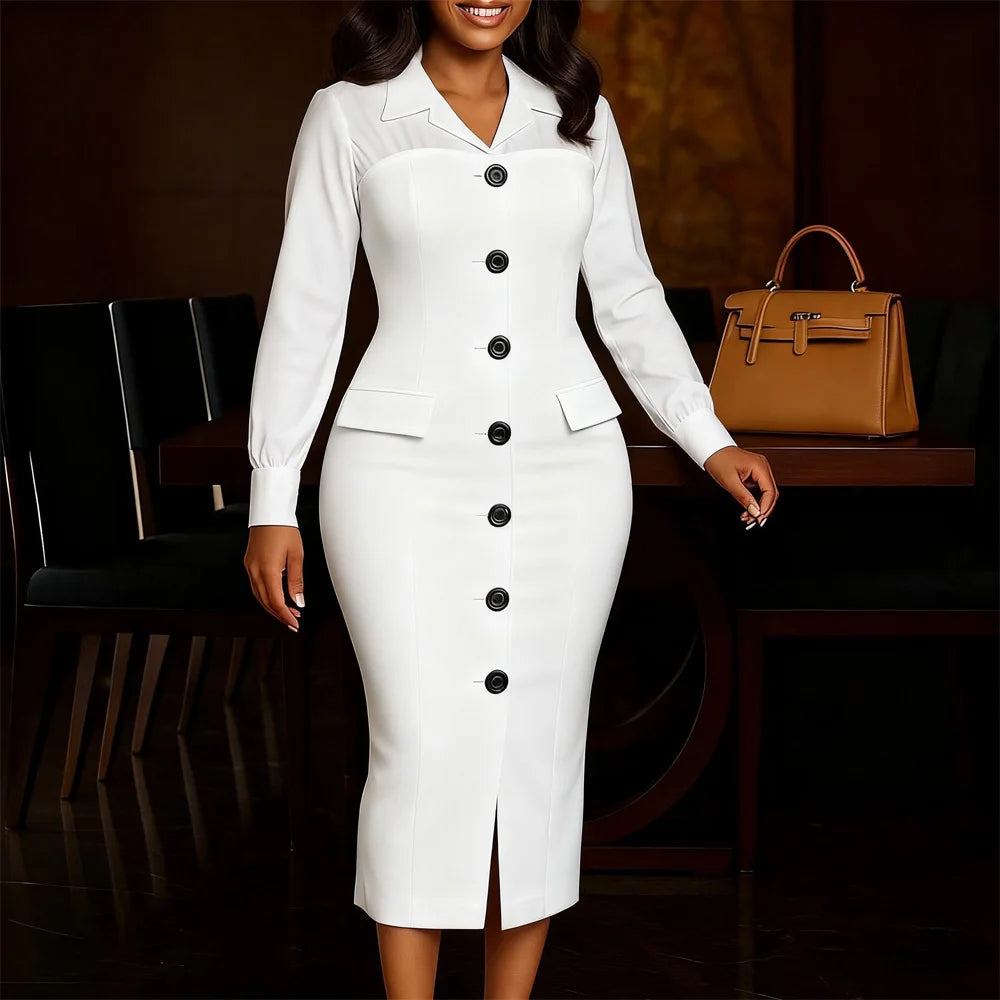 Elegant Bodycon Dresses for Women Turn Down Collar Full Sleeve Buttons Sheath Solid Mid Calf Professional Business Work Dress OL