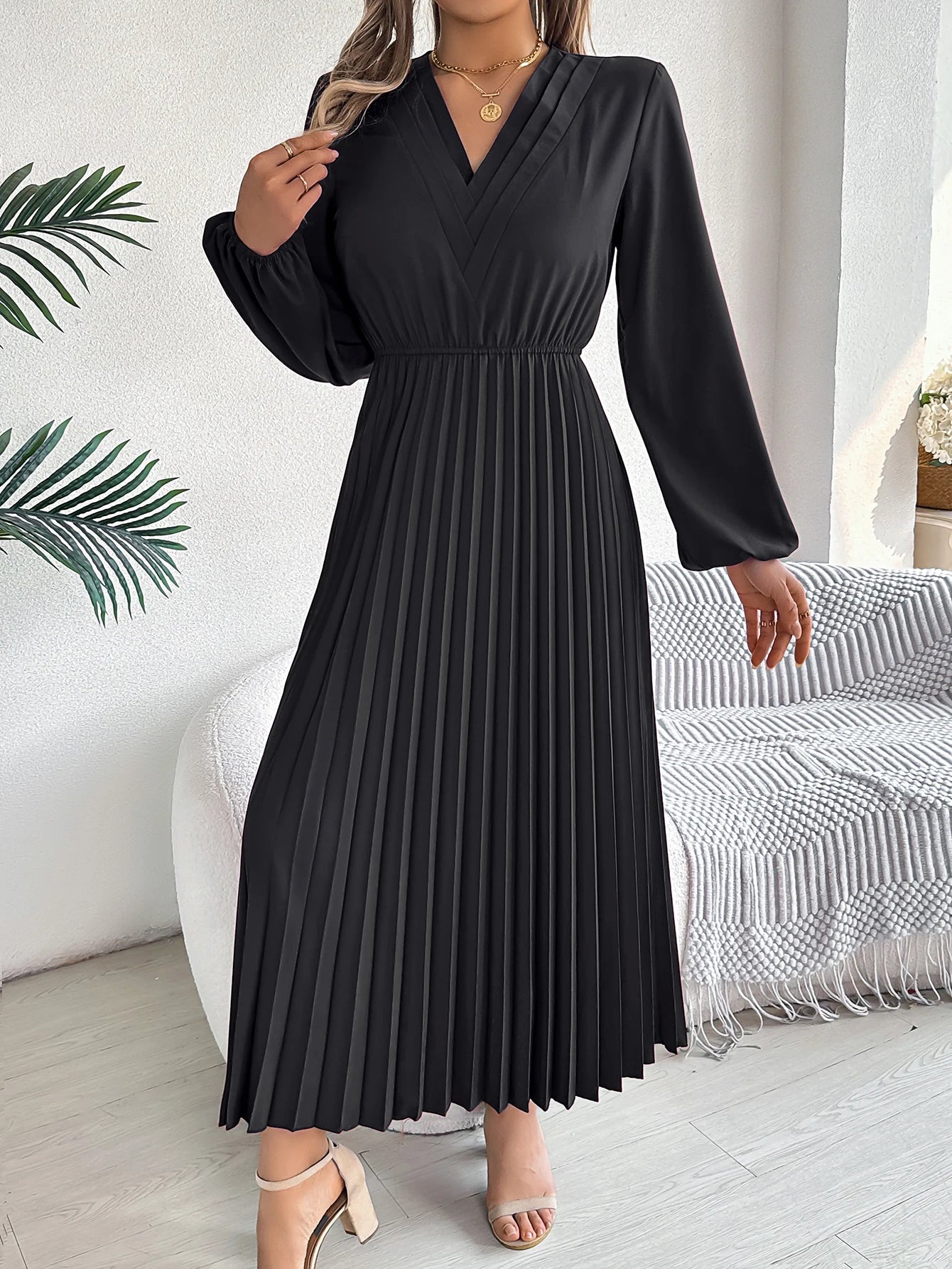 Elegant Dresses for Woman 2025 Autumn Winter Solid Color V Neck High Waist Pleated Maxi Dress Red Black Green