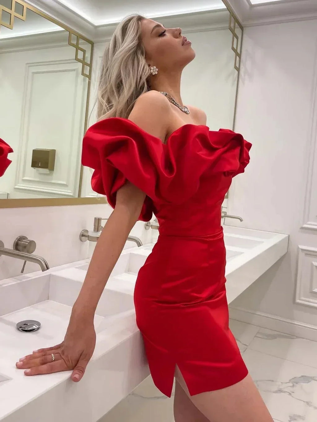 Red Evening Party  Dresses Elegant Fashion Women's Slash Neck High Waist Tunics Bodycon Package Hip Short Beach Dress 2025 Y2K