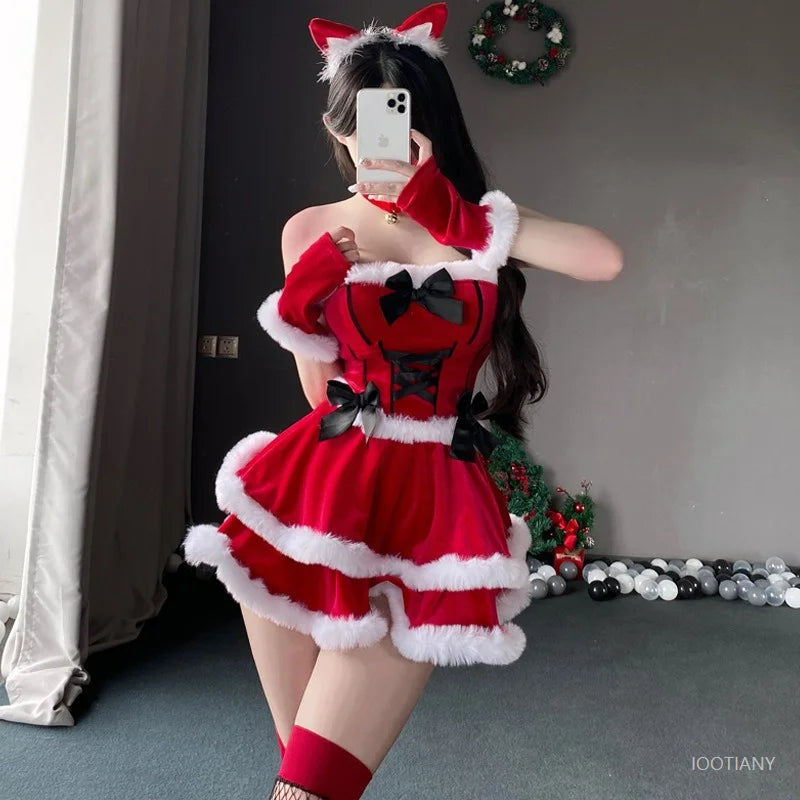 Christmas Dress Suit Female Christmas Role Play Costume Red Dress Party Bunny Ears New Year Girl Sexy Nightclub Stage Uniform