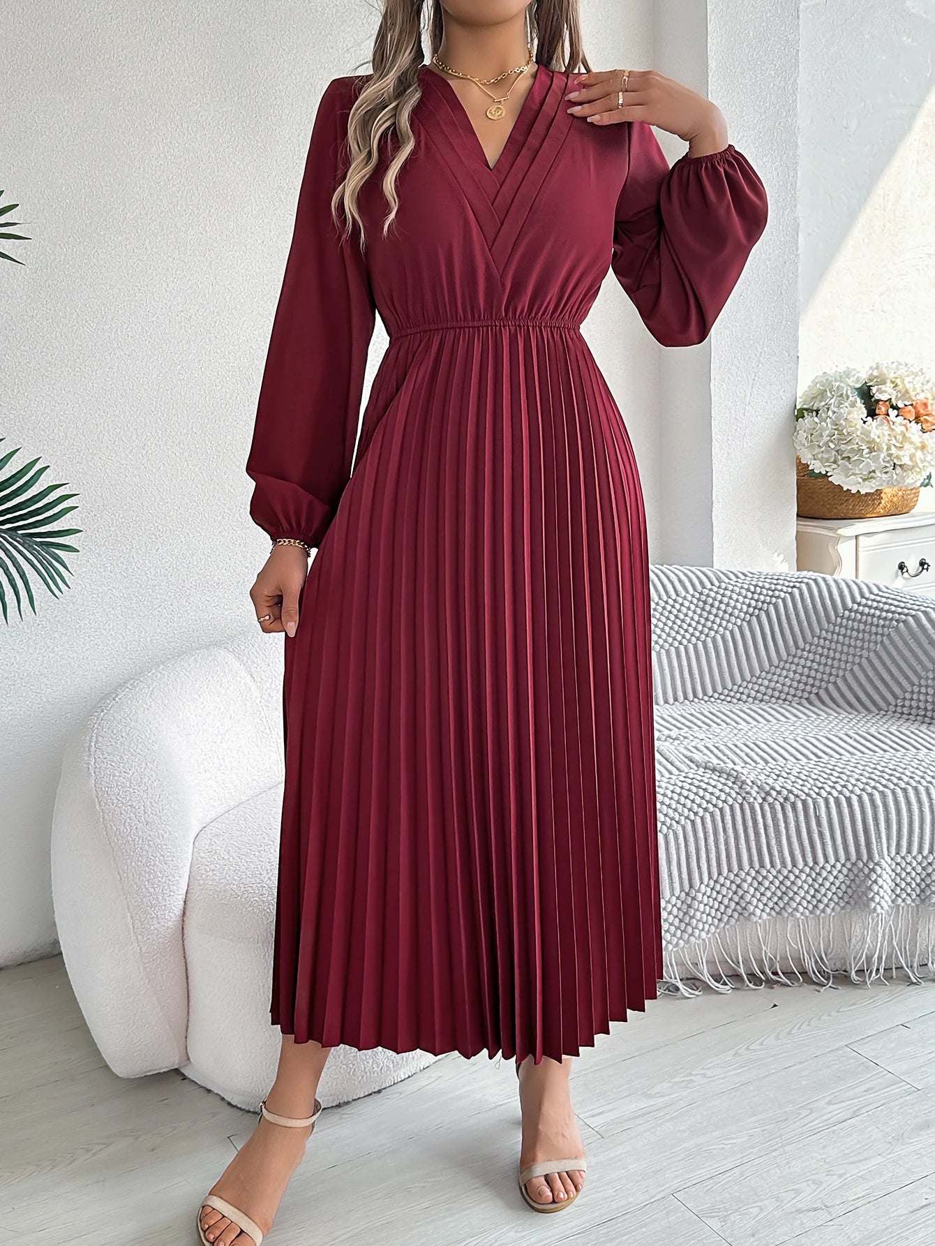 Elegant Dresses for Woman 2025 Autumn Winter Solid Color V Neck High Waist Pleated Maxi Dress Red Black Green