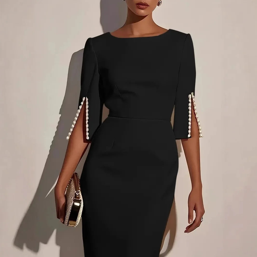 2025 Dress for Women Fashion Comfortable Office Solid Color Commuter Bead Slim and Elegant Evening Party Dress