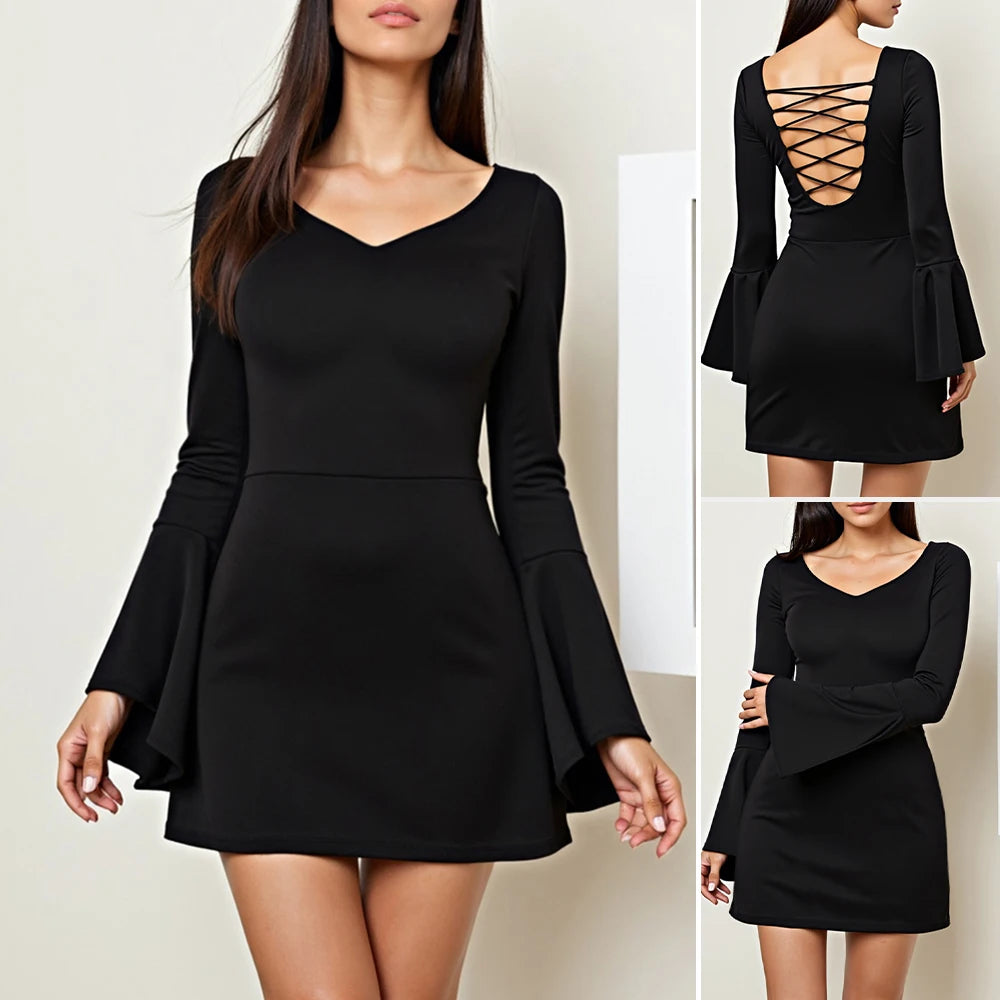 Women's Black Dresses 2025 Autumn Party Evening Sexy Chic Fit Backless French Fashion Skinny Flared Sleeves V Neck Mini Dress