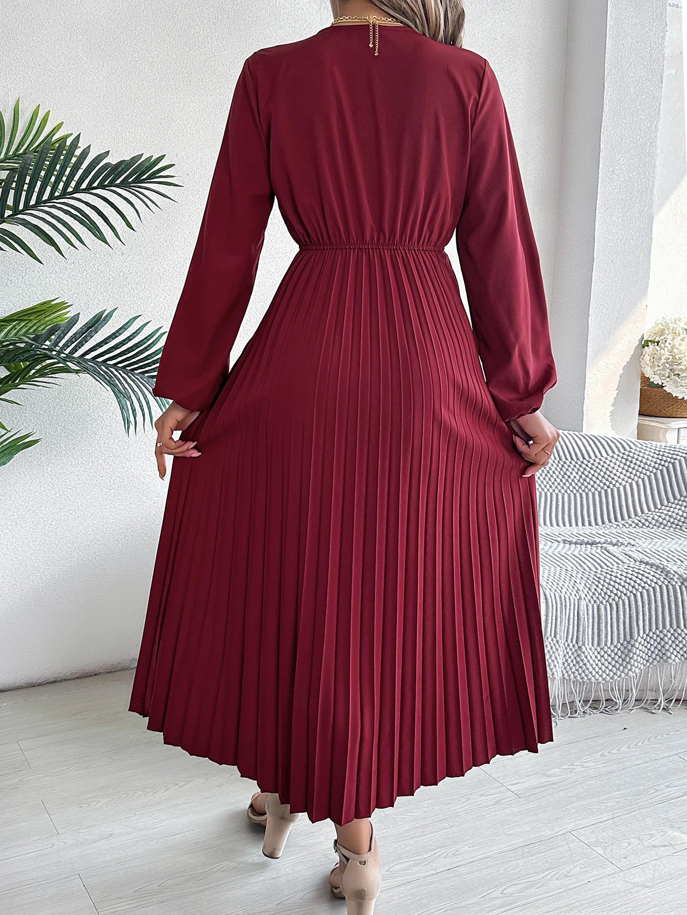 Elegant Dresses for Woman 2025 Autumn Winter Solid Color V Neck High Waist Pleated Maxi Dress Red Black Green