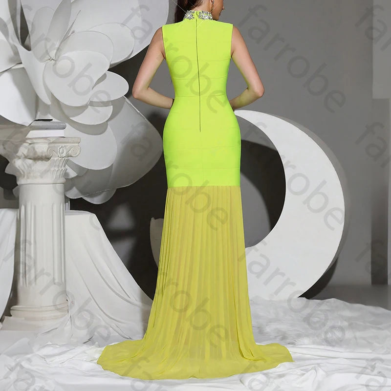 Elegant Sleeveless Evening Dresses Luxury Floor Length Pleated Mesh Bodycon Rhinestones Bridesmaid Dress for Women Customized