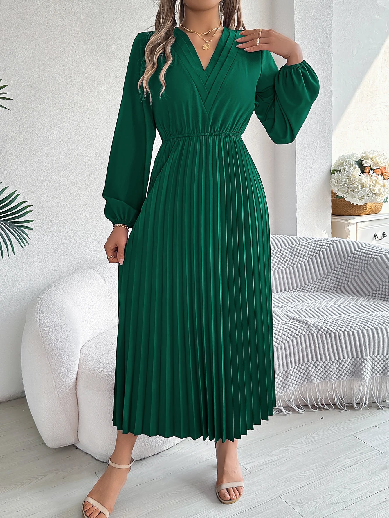 Elegant Dresses for Woman 2025 Autumn Winter Solid Color V Neck High Waist Pleated Maxi Dress Red Black Green