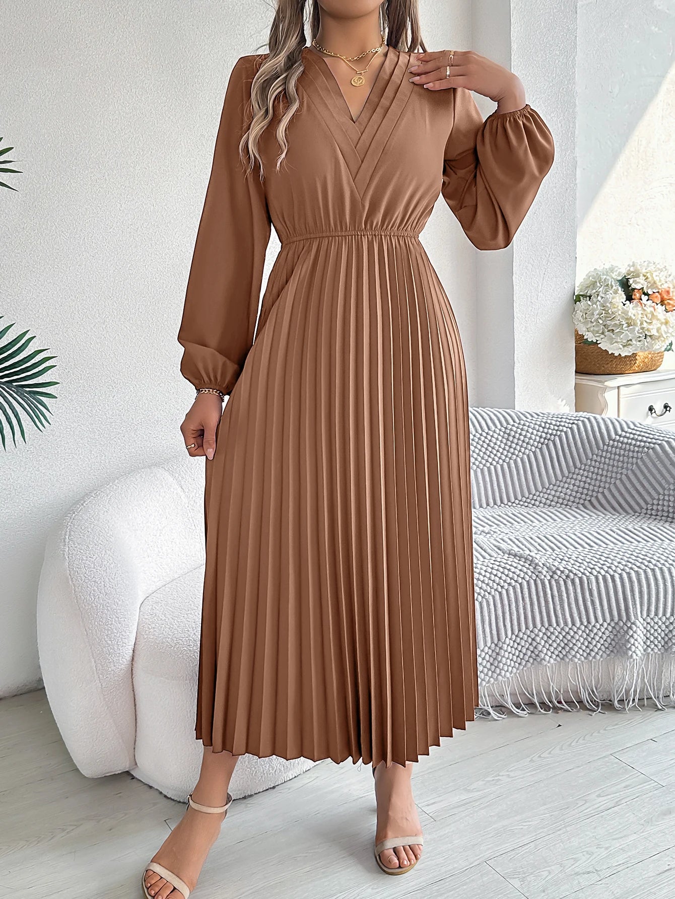 Elegant Dresses for Woman 2025 Autumn Winter Solid Color V Neck High Waist Pleated Maxi Dress Red Black Green