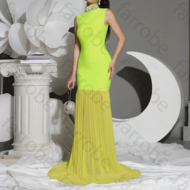 Elegant Sleeveless Evening Dresses Luxury Floor Length Pleated Mesh Bodycon Rhinestones Bridesmaid Dress for Women Customized