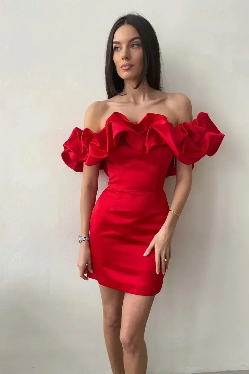 Red Evening Party  Dresses Elegant Fashion Women's Slash Neck High Waist Tunics Bodycon Package Hip Short Beach Dress 2025 Y2K