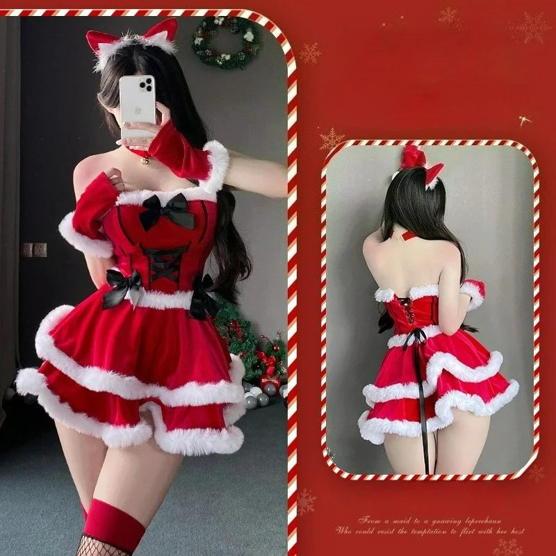 Christmas Dress Suit Female Christmas Role Play Costume Red Dress Party Bunny Ears New Year Girl Sexy Nightclub Stage Uniform
