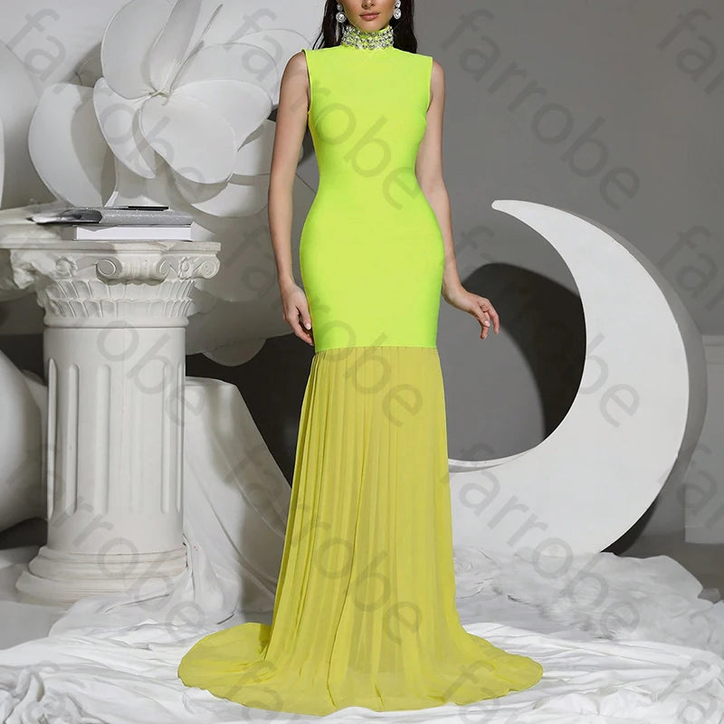 Elegant Sleeveless Evening Dresses Luxury Floor Length Pleated Mesh Bodycon Rhinestones Bridesmaid Dress for Women Customized