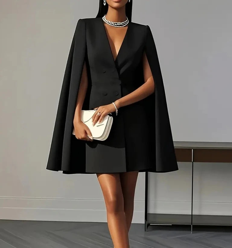 Commuting Dresses for Elegant Autumn Wear Temperament Women's Clothing Fashion Double Breasted Shawl Cape Solid Blazer Dress