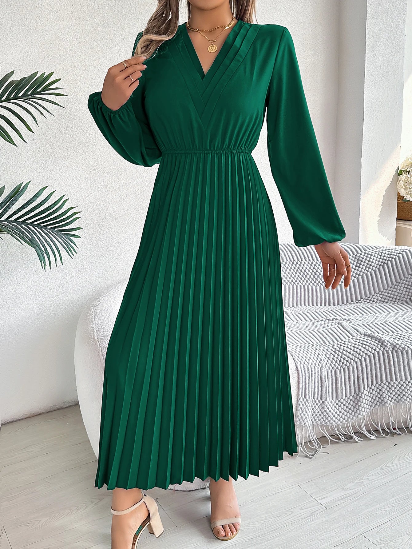 Elegant Dresses for Woman 2025 Autumn Winter Solid Color V Neck High Waist Pleated Maxi Dress Red Black Green