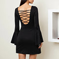 Women's Black Dresses 2025 Autumn Party Evening Sexy Chic Fit Backless French Fashion Skinny Flared Sleeves V Neck Mini Dress