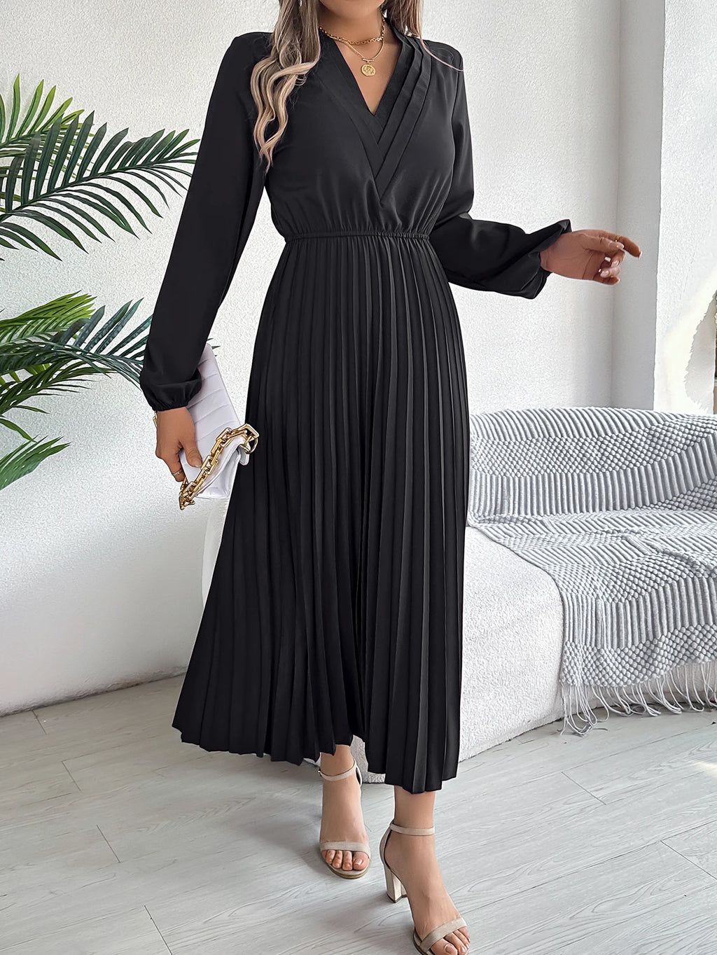 Elegant Dresses for Woman 2025 Autumn Winter Solid Color V Neck High Waist Pleated Maxi Dress Red Black Green